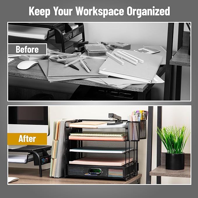 Mind Reader Mesh Desk Organizer, 4 Trays, 1 Drawer, File Holder, 2 Pen Cups, Office Desktop Organizer, Metal Mesh, Black