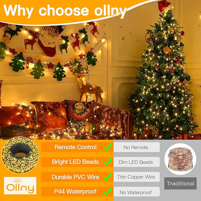 Ollny Christmas Lights 262FT 800LED, Plug-in Outside Tree Lights with Timer and 8 Modes, Remote Control Waterproof Dimmable Outdoor String Light for House Yard Patio Xmas Decorations(Warm White)