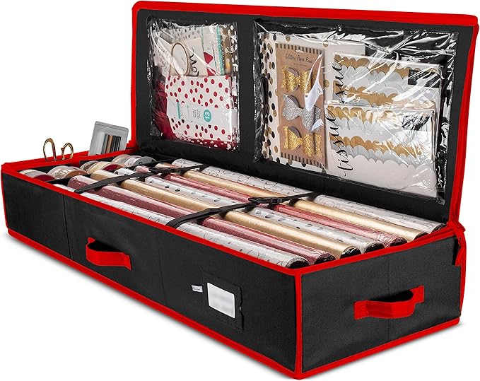 ZOBER Premium Storage Container, with Interior Pockets, fits 18-20 Standard Rolls, Gift Wrap Organizer and Under Bed Storage Bin for Bows, Ribbons, and Wrapping Paper, 40” Length - Tear-Proof Fabric