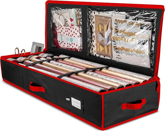 ZOBER Premium Storage Container, with Interior Pockets, fits 18-20 Standard Rolls, Gift Wrap Organizer and Under Bed Storage Bin for Bows, Ribbons, and Wrapping Paper, 40” Length - Tear-Proof Fabric