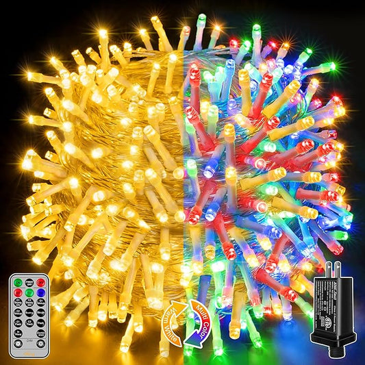 Ollny Christmas Lights, 210FT 640LED Christmas Tree Lights with 11 Modes Remote Control IP44 Waterproof Warm White to Multicolored Outdoor Christmas Lights for Outside Indoor Patio Xmas Decorations