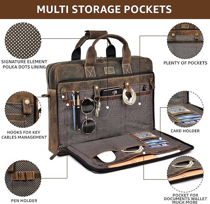 LEATHER VILLAGE 16" Leather Laptop Messenger Briefcase Bag for Men-Leather Satchel for Travel and Office Shoulder Bag- Rustic Brown