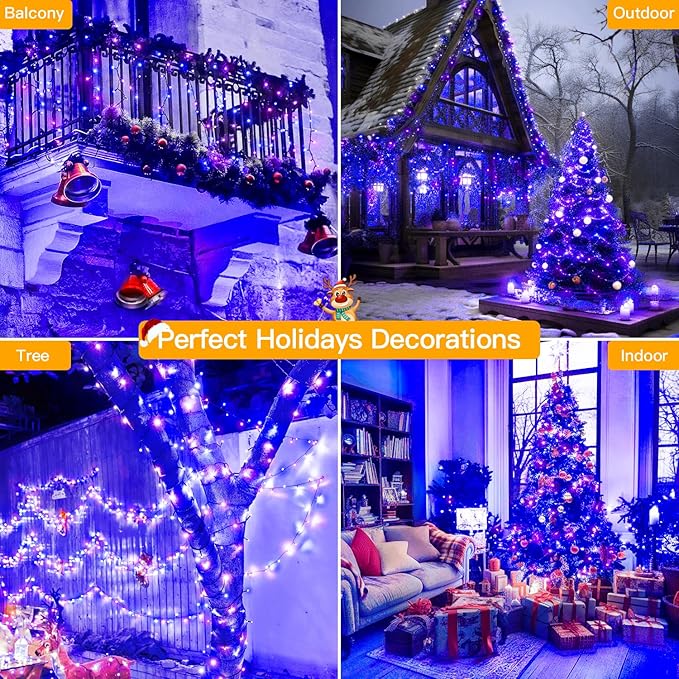 Ollny Halloween Lights 400LED 132FT, Remote Plug-in Blue & Purple Christmas Tree Lights with Timer and 8 Modes, Waterproof Outdoor/Indoor Decorations