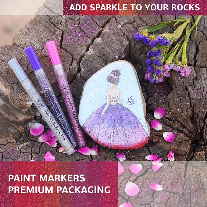 Acrylic Glitter Paint Marker Pens, Medium Pens for Rock Painting, Stone, Ceramic, Glass, Wood, Fabric, Card Making, Canvas, DIY Crafts - Set of 12 Sparkle Paint Markers