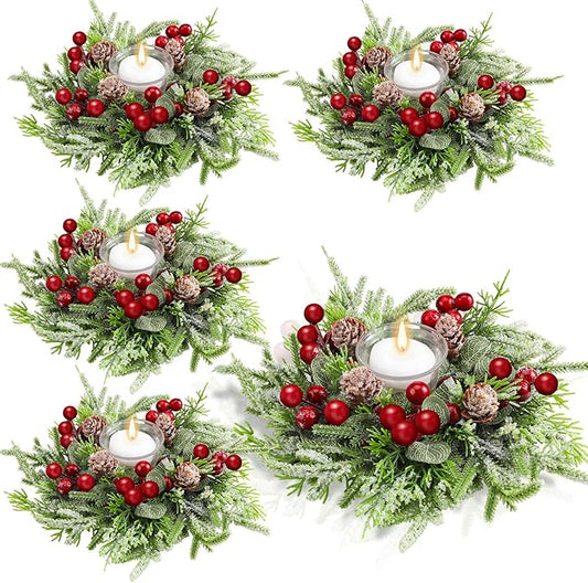 Lyrow 4 Pcs Christmas Candle Rings Wreath Xmas Kitchen Cabinet Mini Wreath Artificial Berries Snowy Pine Candle Ring Holder for Christmas Chandelier Home Table Centerpiece Indoor Decor