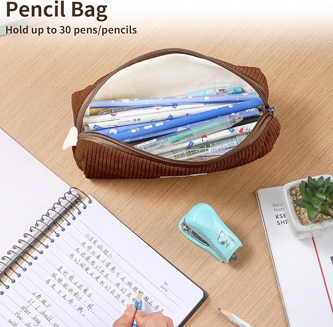 Pencil Bag Pen Case, Soft Corduroy Small Pencil Pouch Organizer with Zipper, Cute Pencil Case Pouch Stationery for Girls and Boys – Brown