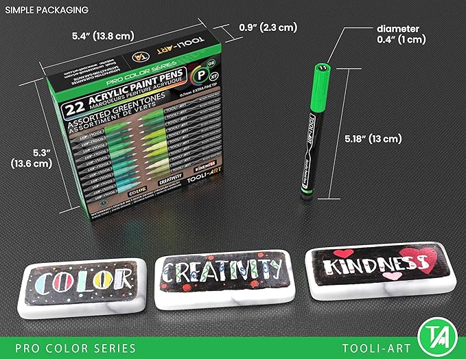 Acrylic Paint Pens 22 Green Tones Assorted Pro Color Series Markers Set 0.7mm Extra Fine Tip for Rock Painting, Glass, Mugs, Wood, Metal, Canvas, Projects, Non Toxic, Waterbased, Quick Drying