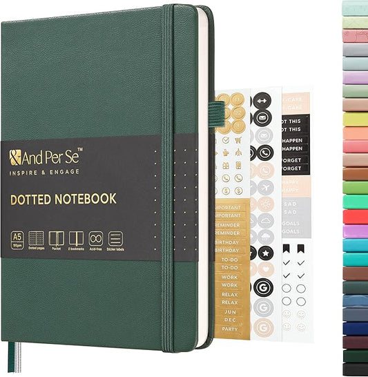&And Per Se Dotted Journal Notebook, A5 Hardcover Leather Bullet Dotted Journal, 160 Pages 100 gsm Thick Paper, 3 Sheets of Stickers Included - 5.7'' x 8'' （Green）