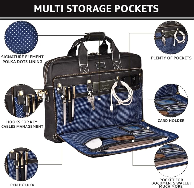 LEATHER VILLAGE 16" Leather Laptop Messenger Briefcase Bag for Men-Leather Satchel for Travel and Office Shoulder Bag-Black