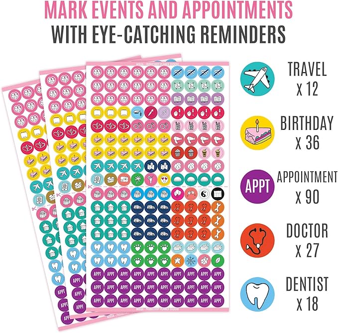 Mirida Planner Stickers – 1700 Productivity Mini Icons for Adults Calendar – Work, Daily To Do, Budget, Family, Holidays, Journaling – Variety Pack with Monthly Tabs