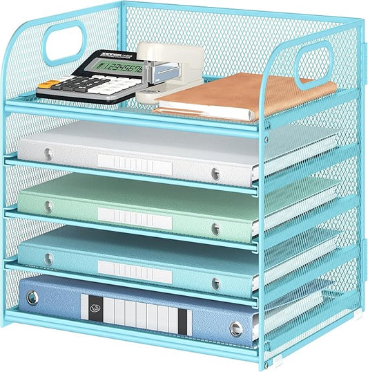 Lavatino Desk Letter Tray Paper Organizer for Desk 5-Tier with Handle Mesh Desktop File Organizer Paper Holder for Classroom Office Accessories - Blue