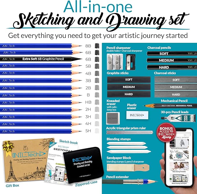 NIL TECH 37-Piece Premium Shading Pencils for Drawing, Include Exclusive Tutorials and Sketch Pad – Perfect as Birthday, Holiday Gifts, or Artist Gifts Ideal for Detailed Sketches, Fine Shading