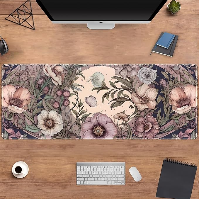Pastel Purple Floral XL Large Gaming Mouse Pad Pink Flower Forest Desk Mat with Stitched Edges, Non-Slip Rubber Base Mousepad Laptop Computer Keyboard and Mouse Mat 31.5x11.8 in