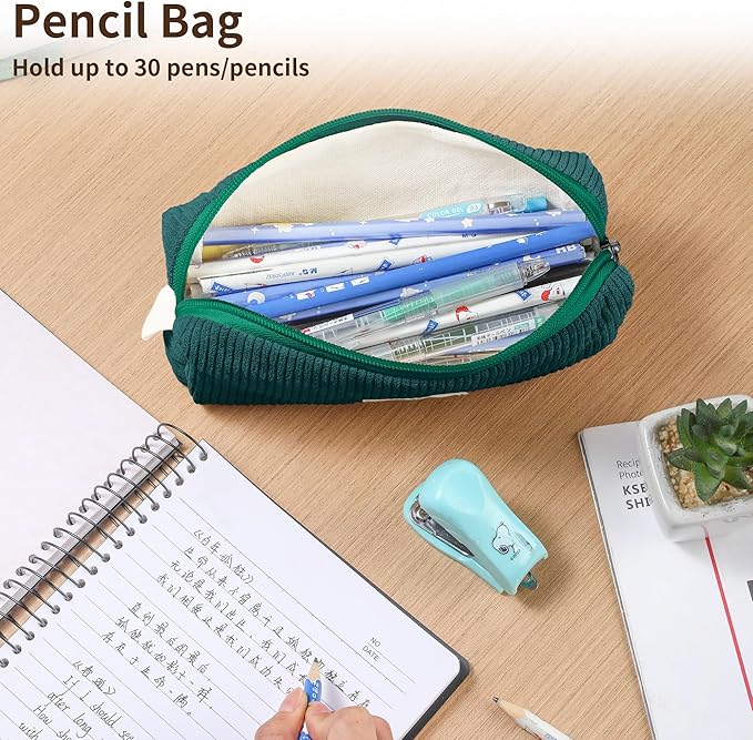 Pencil Bag Pen Case, Soft Corduroy Small Pencil Pouch Organizer with Zipper, Cute Pencil Case Pouch Stationery for Girls and Boys – Dark Green