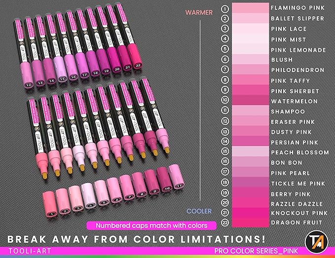 TOOLI-ART 22 Acrylic Paint Markers Paint Pens Pro Color Series Set 3mm Medium Tip for Rock Painting, Glass, Mugs, Wood, Metal, Glass Paint, Canvas, DIY. Non Toxic, Waterbased, Quick Drying (PINK)