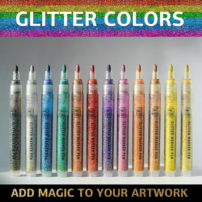 Acrylic Glitter Paint Marker Pens, Medium Pens for Rock Painting, Stone, Ceramic, Glass, Wood, Fabric, Card Making, Canvas, DIY Crafts - Set of 12 Sparkle Paint Markers