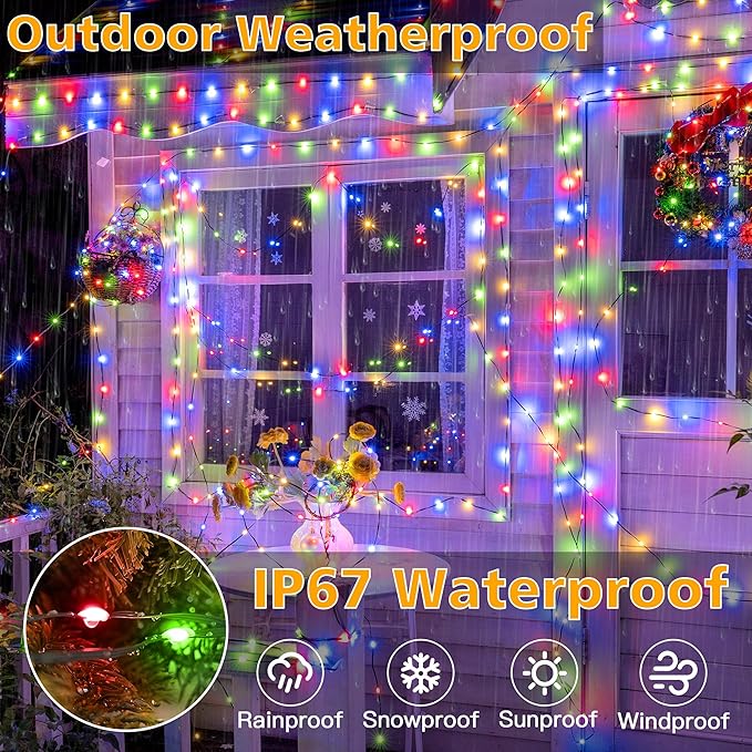 Ollny Christmas Lights, 198 FT 600 LED Outdoor Waterproof Plug in Christmas Tree Lights with 8 Modes Remote Timer, String Lights for House Yard Outside Indoor Xmas Decorations Multicolor