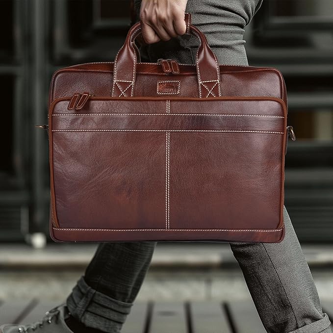 LEATHER VILLAGE 16" Leather Laptop Messenger Briefcase Bag for Men-Leather Satchel for Travel and Office Shoulder Bag-Red Brown