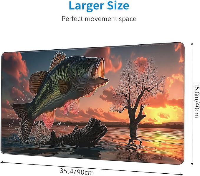Large Gaming Mouse Pad with Bass Fish Sunset Design, Non-Slip Rubber Base, Stitched Edges, Extended Size 35.4 x 15.8 inches