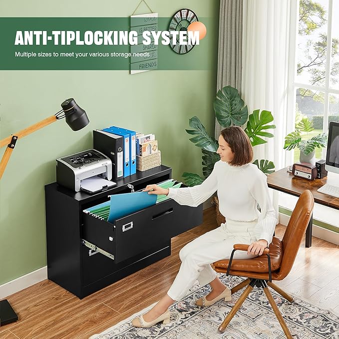 Letaya Metal Lateral File Cabinets with Lock,2 Drawer Steel Wide Filing Organization Storage Cabinets,Home Office Furniture for Hanging Files Letter/Legal/F4/A4 Size (Blcak-2 Drawer)