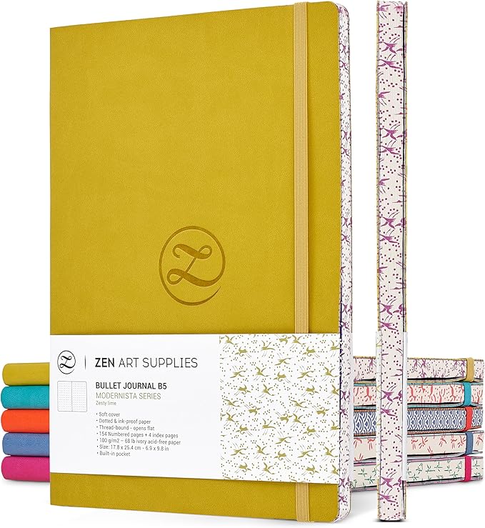 Lay Flat Large B5 Dotted Journal - Enjoy Bullet Journaling with a Soft Cover 7x10-inch, Non-Bleed Thick 120gsm Paper, Dot Journal in Yellow, Japanese Edge Motif - Faux Leather Dot Notebook