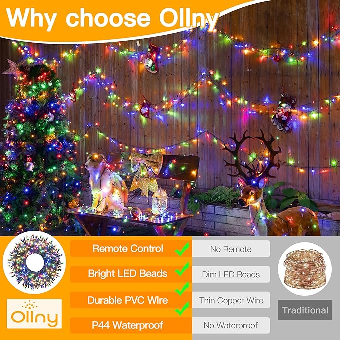 Ollny Christmas Lights 400LED 132FT, Plug-in Outside Tree Lights with Timer and 8 Modes, Remote Control Waterproof Dimmable Outdoor String Lights for House Yard Patio Xmas Decorations (Multicolored)