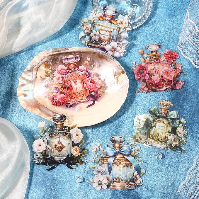 MAFELOE PET Scrapbook Stickers, 4 Packs, 10 Pieces Each, Aesthetic Deco Supplies for Junk Bullet Journaling Card Making Daily Planner-Bottle&Flower Series (TP-WYMH-08)