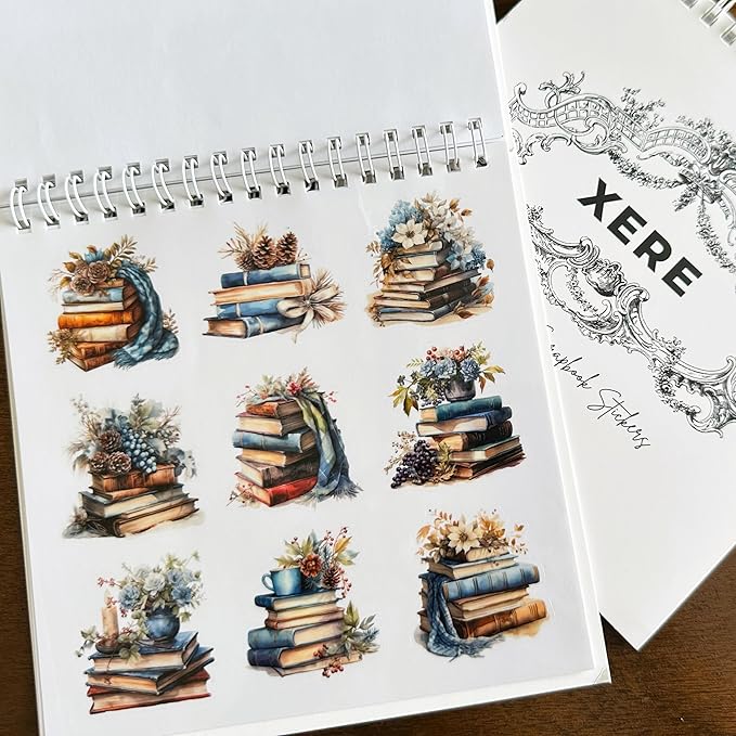 XERE 144 Pcs Stacked Books Four Seasons Sticker Book for Journaling Notebooks, Sketchbook, Bookmark Making, Junk Journal, Budget Planner, Scrapbook Art Supplies Stickers