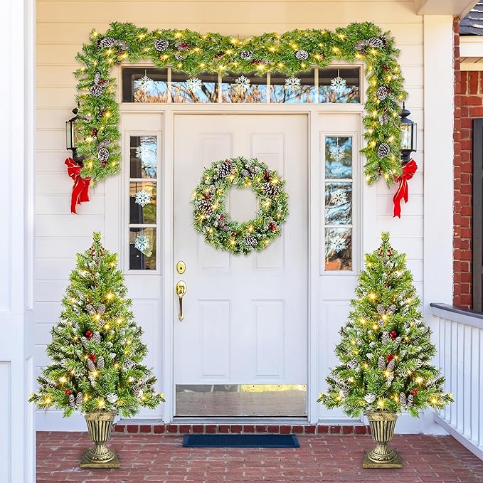 Merax Prelit Christmas Tree Set of 4pc, Set of 2 Artificial Potted Christmas Entrance Trees with Lights, Christmas Wreath, and 9FT Garland for Fireplace Front Porch Seasonal Holiday Decoration