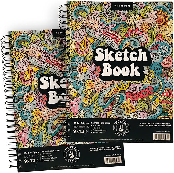 Marker Sketch Book Pack, 9 x 12 Inches Spiral-Bound Sketchpad, 2 Pads, 100 Sheets, 65lb Paper for Drawing and Markers, Ideal for Adults and Artists