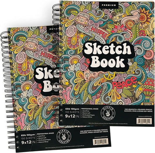 Marker Sketch Book Pack, 9 x 12 Inches Spiral-Bound Sketchpad, 2 Pads, 100 Sheets, 65lb Paper for Drawing and Markers, Ideal for Adults and Artists
