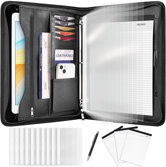 Leathario Portfolio Binder, Includes 10 Sheet Protectors and 3 Notepads, 3-Ring Folder Organizer, A4 Padfolio with Zipper, Vegan Leather Tablet Sleeve, Business Office Conference Clipboards