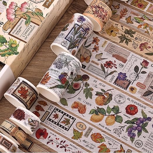 20 Rolls Vintage Washi Tape Set, Floral Letter Butterfly Mushroom Botanical Flower Writable Decorative Tapes for Scrapbooking , Junk Journal Supplies, Bullet Journaling 10-60mm Wide 6.56ft long/Roll