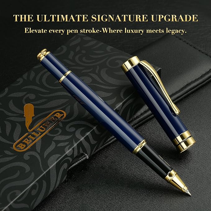 BEILUNER Ballpoint Pens, Stunning Blue Chrome Metal Pen with Golden Trim, Best Ball Pen Gift Set for Men & Women, Professional, Executive, Office,Fancy Pens-Gift Box with 0.5mm Black Extra Refill