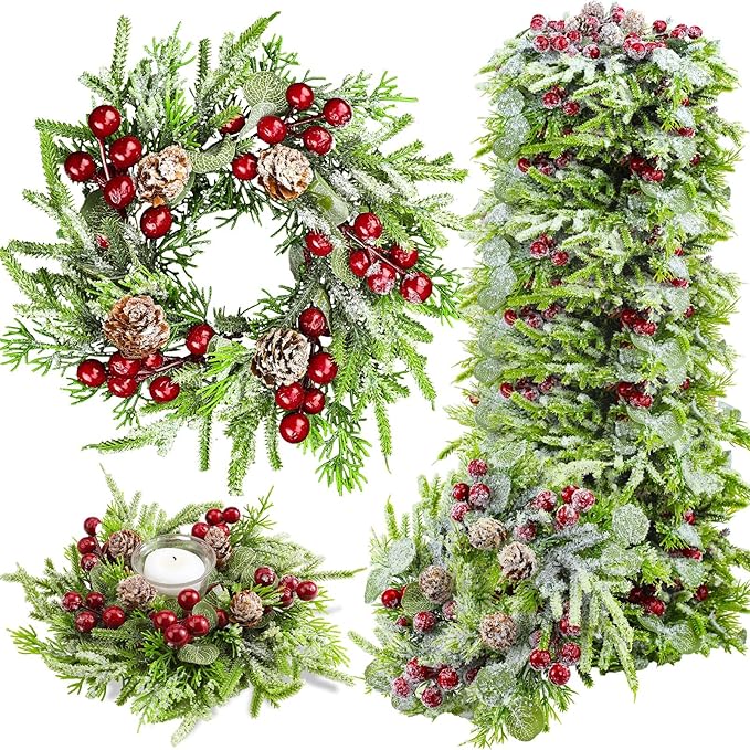 Lyrow 24 Pcs Christmas Candle Rings Wreath Xmas Kitchen Cabinet Mini Wreath Artificial Berries Snowy Pine Candle Ring Holder for Christmas Chandelier Home Table Centerpiece Indoor Decor
