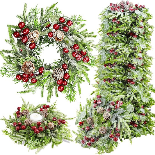 Lyrow 24 Pcs Christmas Candle Rings Wreath Xmas Kitchen Cabinet Mini Wreath Artificial Berries Snowy Pine Candle Ring Holder for Christmas Chandelier Home Table Centerpiece Indoor Decor