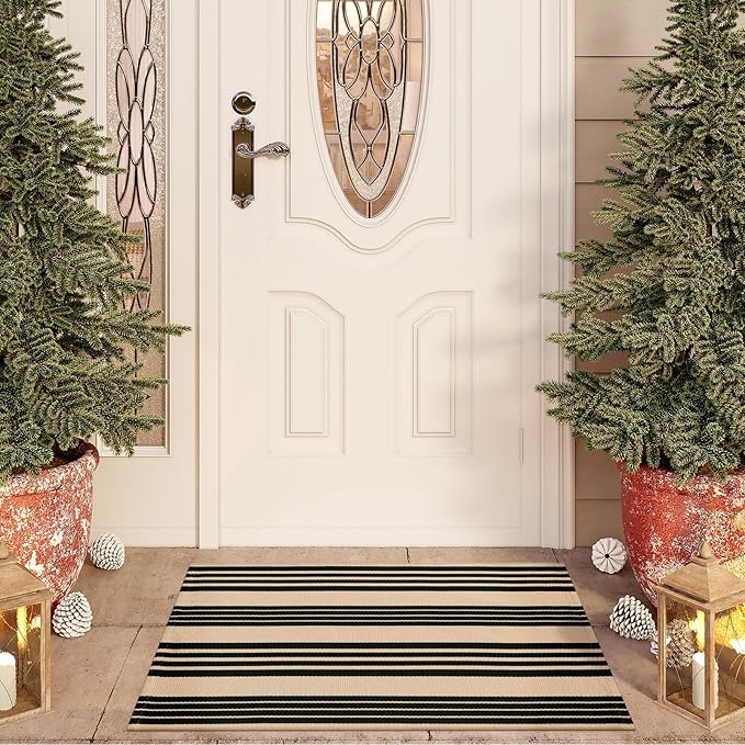 OJIA Christmas Front Door Mat Outdoor 24''x35'' Washable Front Door Rug Entry Rug Indoor Outdoor Rugs Holiday Doormat Cotton Woven Striped Small Area Rugs for Porch/Bathroom/Farmhouse/Home Entrance
