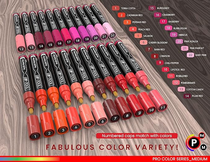 TOOLI-ART 22 Acrylic Paint Markers Paint Pens Pro Color Series Set 3mm Medium Tip for Rock Painting, Glass, Mugs, Wood, Metal, Glass Paint, Canvas, DIY. Non Toxic, Waterbased, Quick Drying (REDS)