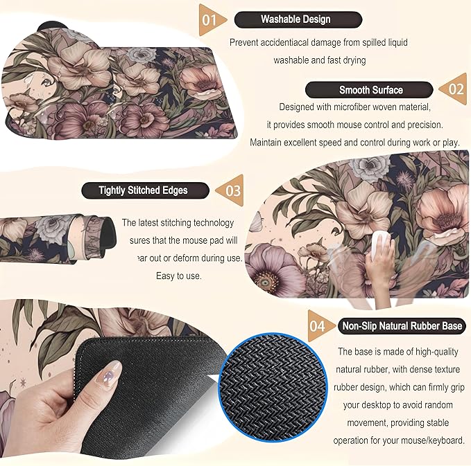 Pastel Purple Floral XL Large Gaming Mouse Pad Pink Flower Forest Desk Mat with Stitched Edges, Non-Slip Rubber Base Mousepad Laptop Computer Keyboard and Mouse Mat 31.5x11.8 in