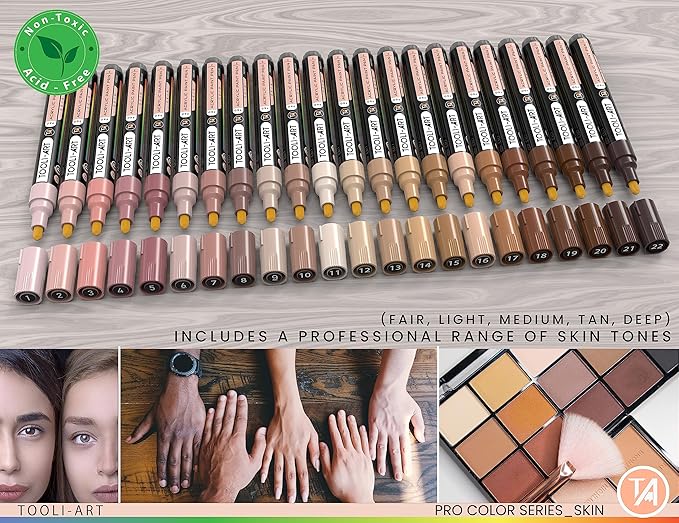 TOOLI-ART 22 Acrylic Paint Markers Paint Pens Pro Color Series Set 3mm Medium Tip for Rock Painting, Glass, Mugs, Wood, Metal, Glass Paint, Canvas, DIY. Non Toxic, Waterbased, Quick Drying (SKIN)