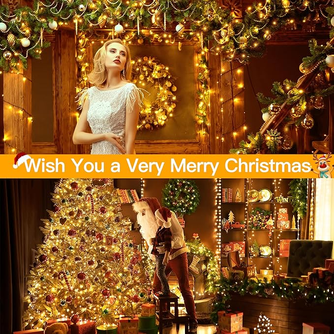 Ollny Christmas Tree Lights 400LED 132FT, Remote Plug-in Christmas Lights with Timer and 8 Modes, Waterproof Outdoor String Light for Thanksgiving Xmas House Indoor Outside Decorations(Warm White)