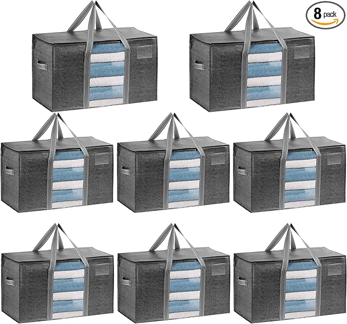 VENO 8 Pack Moving Bags, Moving Supplies, Moving Boxes, College Packing Storage Boxes with Lids Alternative, Heavy Duty Totes, Extra Large, Sturdy Handles, Zipper (Dark Gray with Window, 8 Pack)