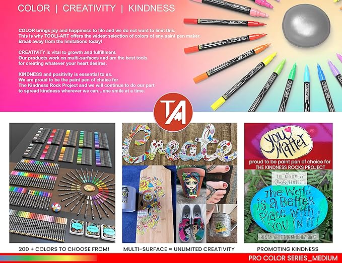 TOOLI-ART 22 Acrylic Paint Markers Paint Pens Pro Color Series Set 3mm Medium Tip for Rock Painting, Glass, Mugs, Wood, Metal, Glass Paint, Canvas, DIY. Non Toxic, Waterbased, Quick Drying (REDS)