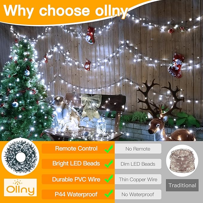 Ollny Christmas Tree Lights 400LED 132FT, Remote Plug-in Christmas Lights with Timer and 8 Modes Waterproof Outdoor String Lights for Thanksgiving Xmas House Indoor Outside Decorations (Cool White)