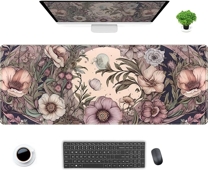 Pastel Purple Floral XL Large Gaming Mouse Pad Pink Flower Forest Desk Mat with Stitched Edges, Non-Slip Rubber Base Mousepad Laptop Computer Keyboard and Mouse Mat 31.5x11.8 in
