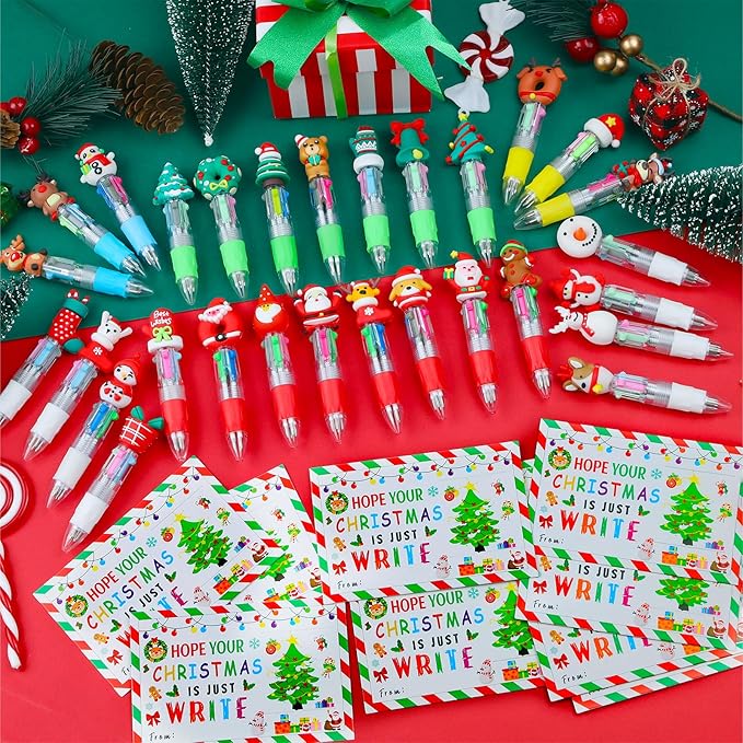 CZWZ 30 Set Cute Multicolor Pens in One 4-in-1 Fun Pens Bulk with 30 Gift Cards for Kindergarten Party Christmas Student Gift Bulk Office School Exchange Gifts