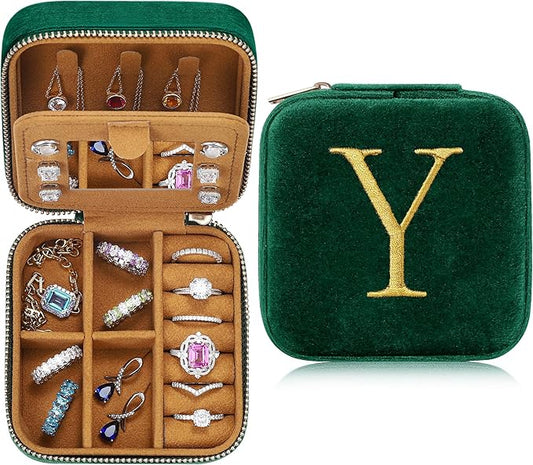 Parima Plush Velvet Travel Jewelry Case Jewelry Box - Personalized Small Jewelry Case Organizer Jewelry Box Travel Essentials for Women Birthday Mom Friend Her Teenage Gifts Idea - Letter Y, Green