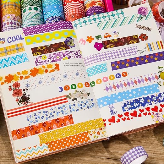 emmoolife 50 Rolls Washi Tape Set, 15mm Wide Rainbow Colored Tape Aesthetic Design Masking Decorative Tape for Scrapbooking Supplies, Bullet Journaling, Junk Journal, Wrapping Planners, DIY Arts Craft