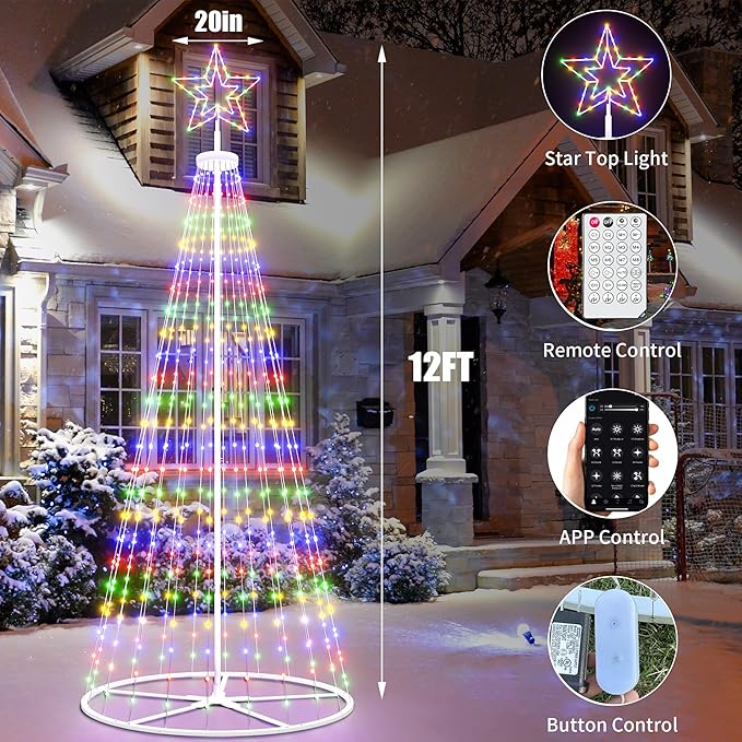 Led Outdoor Christmas Tree, 12 ft Prelit Christmas Tree, Smart Outside Christmastree Light Show App Control with Lights Color Changing Sync APP & Remote Control Christmas Trees Lighting