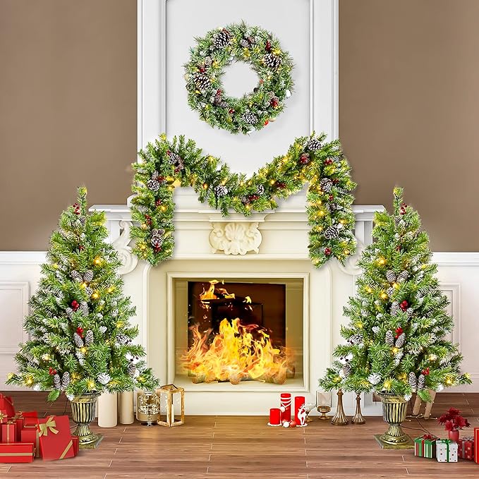 Merax Prelit Christmas Tree Set of 4pc, Set of 2 Artificial Potted Christmas Entrance Trees with Lights, Christmas Wreath, and 9FT Garland for Fireplace Front Porch Seasonal Holiday Decoration